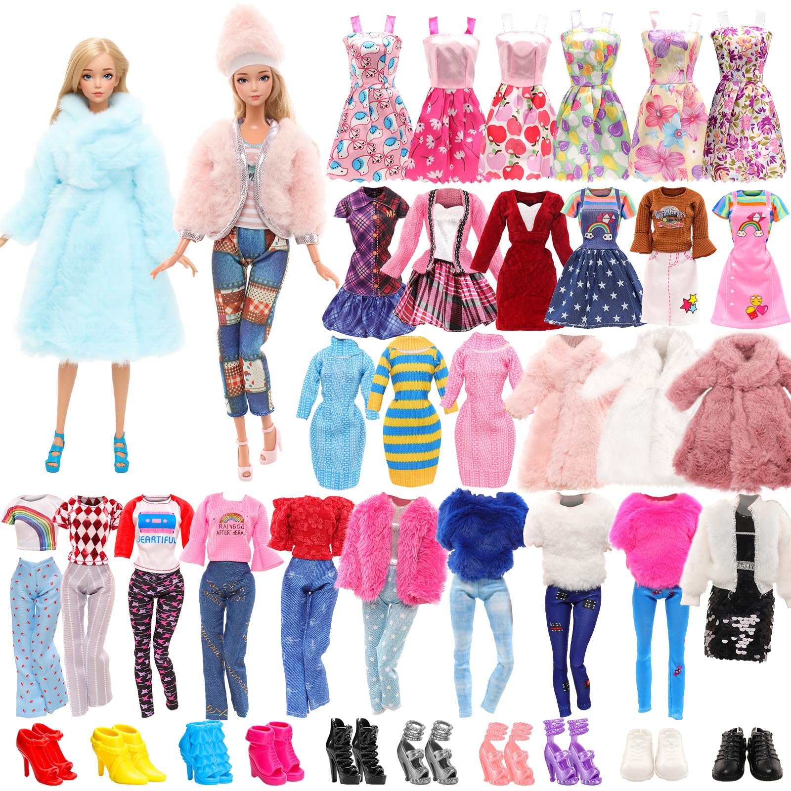 Miunana 28 Doll Clothes and Accessories for Doll Coat Sweater Plush Jacket Outfit Fashion Dresses Tops Pants Shoes for 11.5 inch Doll Girl Gifts (Winter Set)