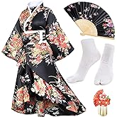 Women's Kimono Robe Geisha Yukata Sweet Tuxedo Ruffle Dress Blossom Satin Bathrobe Sleepwear Fans Tabi Socks Set