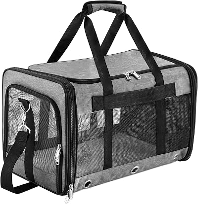 GRTLPOK Soft Sided Foldable Pet Carrier Grey L 25 Lbs Shoulder Strap