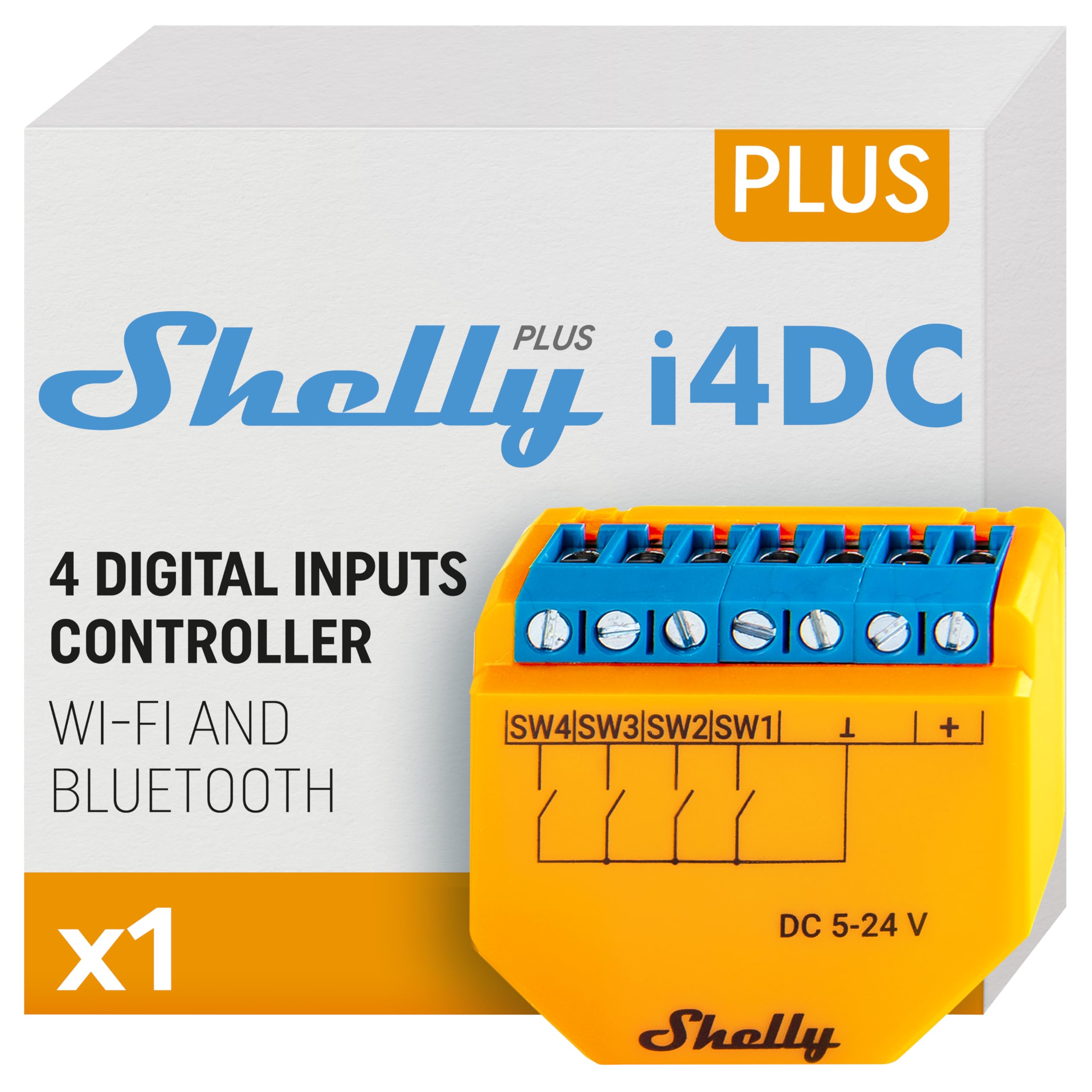 Shelly Plus i4 DC, Wi-Fi Smart 4-digital inputs controller of Shelly Smart Switches, 5-24 VDC, Home Automation, iOS Android App, No Hub Required, Remote Control, Multi-Click
