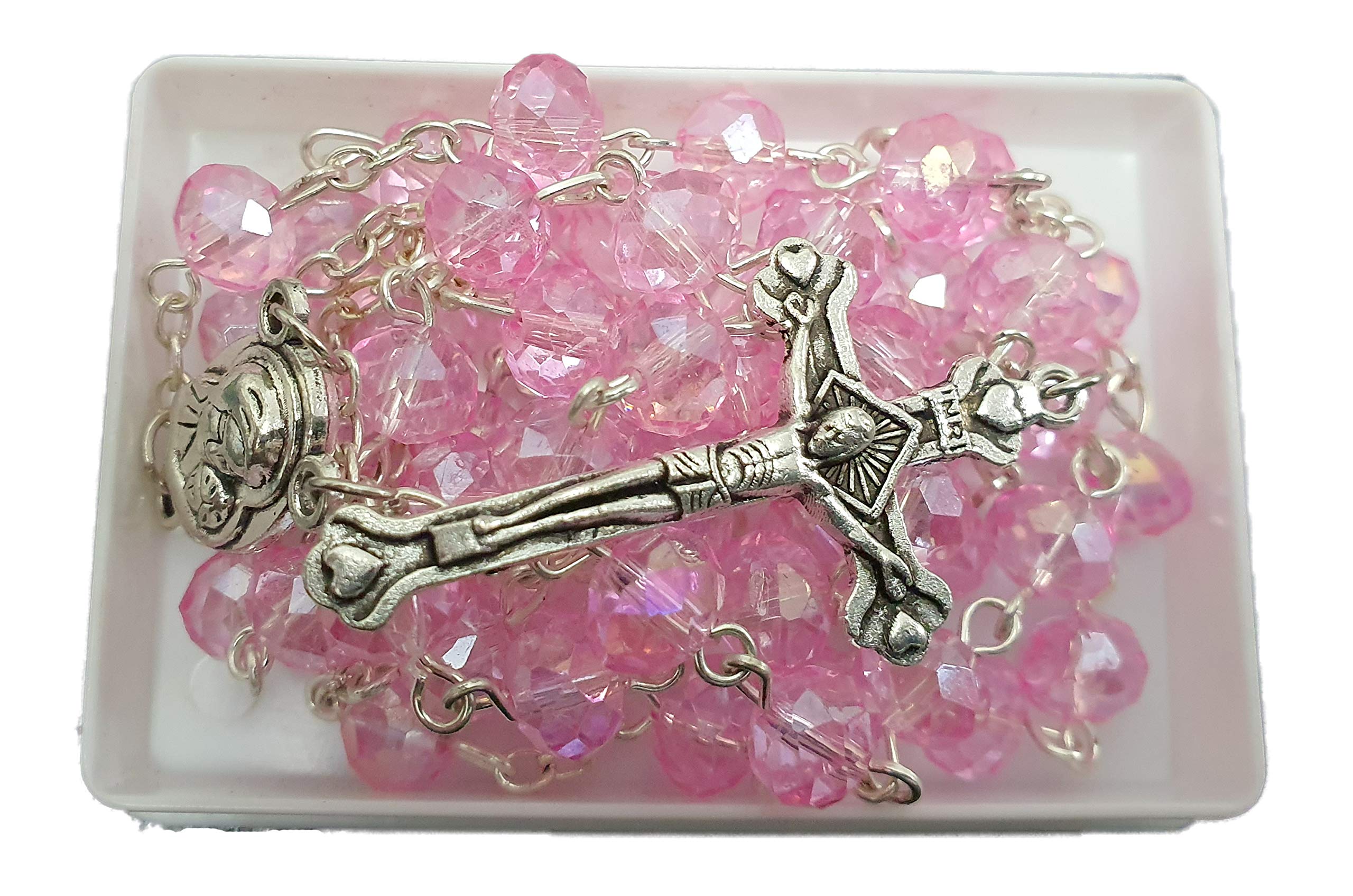 Jerusalem Pink Crystal Beads Catholic Rosary Necklace in Gift Box