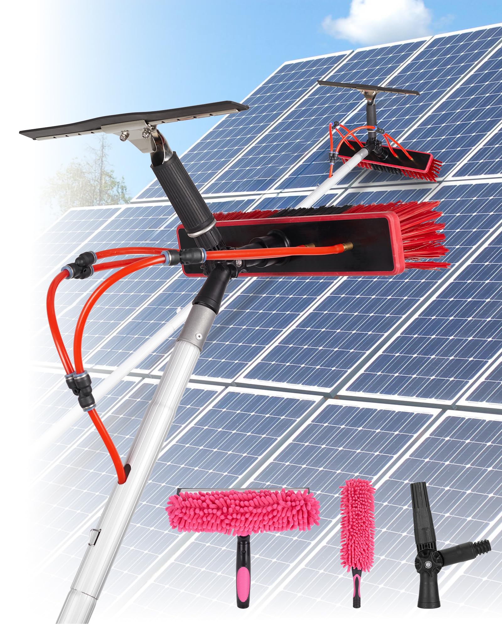 Photo 1 of 40ft Solar Panel Cleaning Brush & Squeegee, 2 Dusting Brush, Lightweight & Extendable Poles, Water Fed Poles Kit for Roof Window Greenhouse