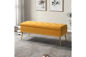HULALA HOME Modern Velvet Storage Ottoman Bench with Gold Base & Nailhead Trim, Upholstered Bedroom Bench for End of Bed, Button-Tufted Footstool for Entryway Living Room Dining Room, Mustard