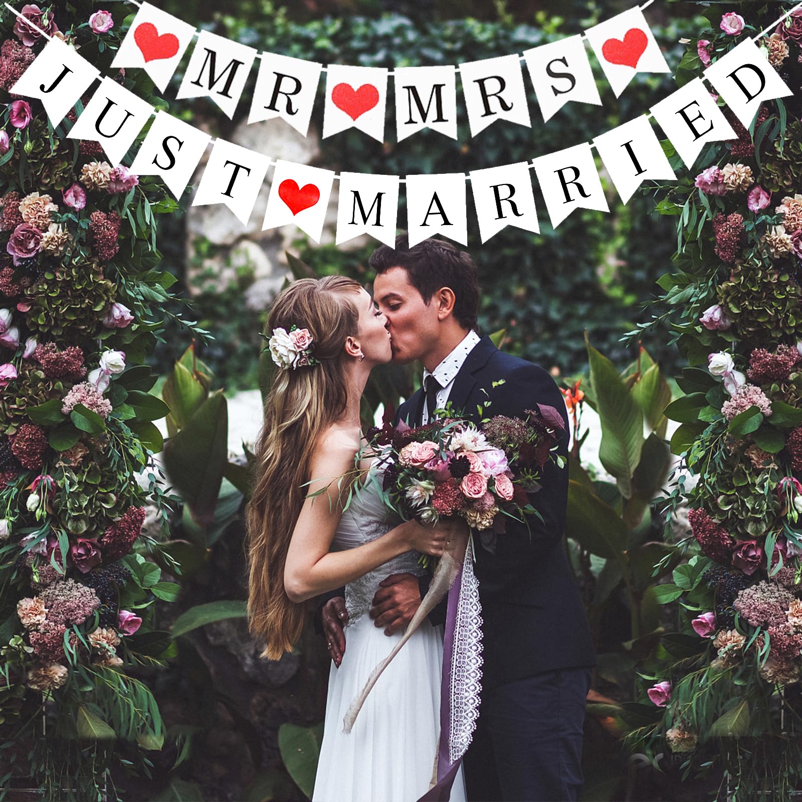 Mr & Mrs Just Married Banner, 2 Pack Wedding Decorations Banners Bunting Hanging Sign for Bridal Shower Wedding Party Decoration