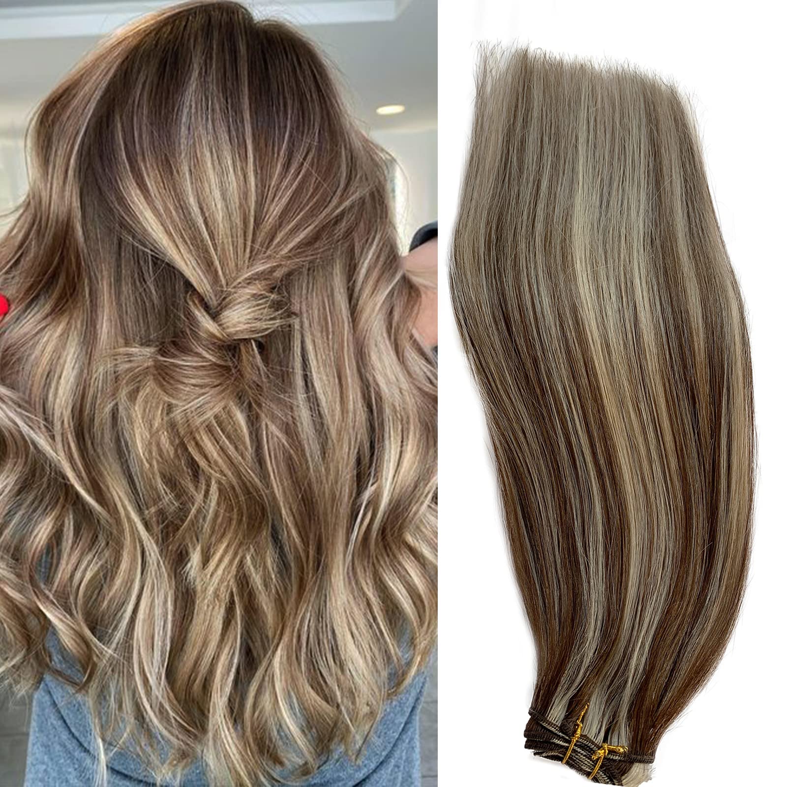 Photo 1 of Balayage Blonde Hair Bundles Brown with Blonde Sew in Human Hair Weft Extensions Hand Tied 100grams 18 Inch Full Head Soft Straight Highlighted Brown Bundles