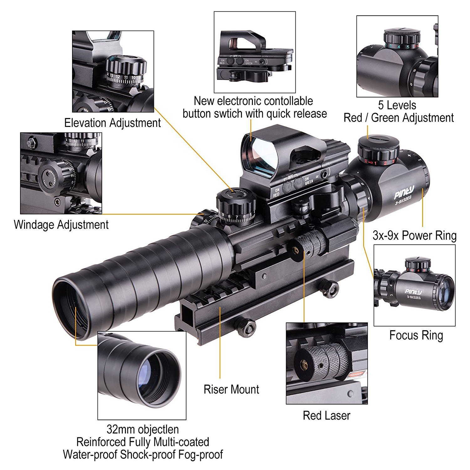 Pinty Rifle Scope 39x32 Rangefinder Illuminated Reflex Sight 4 Reticle Red Dot Laser Sight with