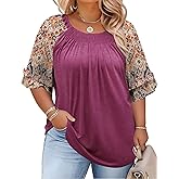 Chulianyouhuo Women's Plus Size Tops Ruffle 3/4 Sleeve Crew Neck Blouse Casual Pleated Fashion Tunic Tops 2025 (1X-5X)