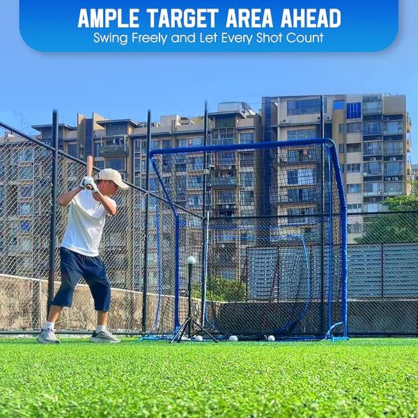 BASEBALL SOFTBALL NET WITH BLOCKING SYSTEM, 7X7FT PRACTICE CAGE FOR BATTING/PITCHING/FIELDING, METAL FRAME WITH ELEVATED BASE AND STORAGE BAG FOR BACKYARD OUTDOOR INDOOR