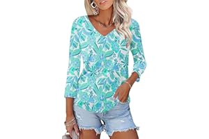 KTILG Women's V Neck T Shirts 3/4 Sleeve Blouse Summer Tops Dressy Casual Solid Basic Tees