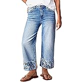 Flamingals High Waisted Straight Leg Cuffed Jeans for Women Trendy Floral Embroidery Roll Hem Baggy Wide Leg Jeans