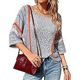 Women's Sweater Striped Pullover Casual Crewneck 3/4 Sleeve Knit Sweater Lightweight Tops Trendy Boho Clothes