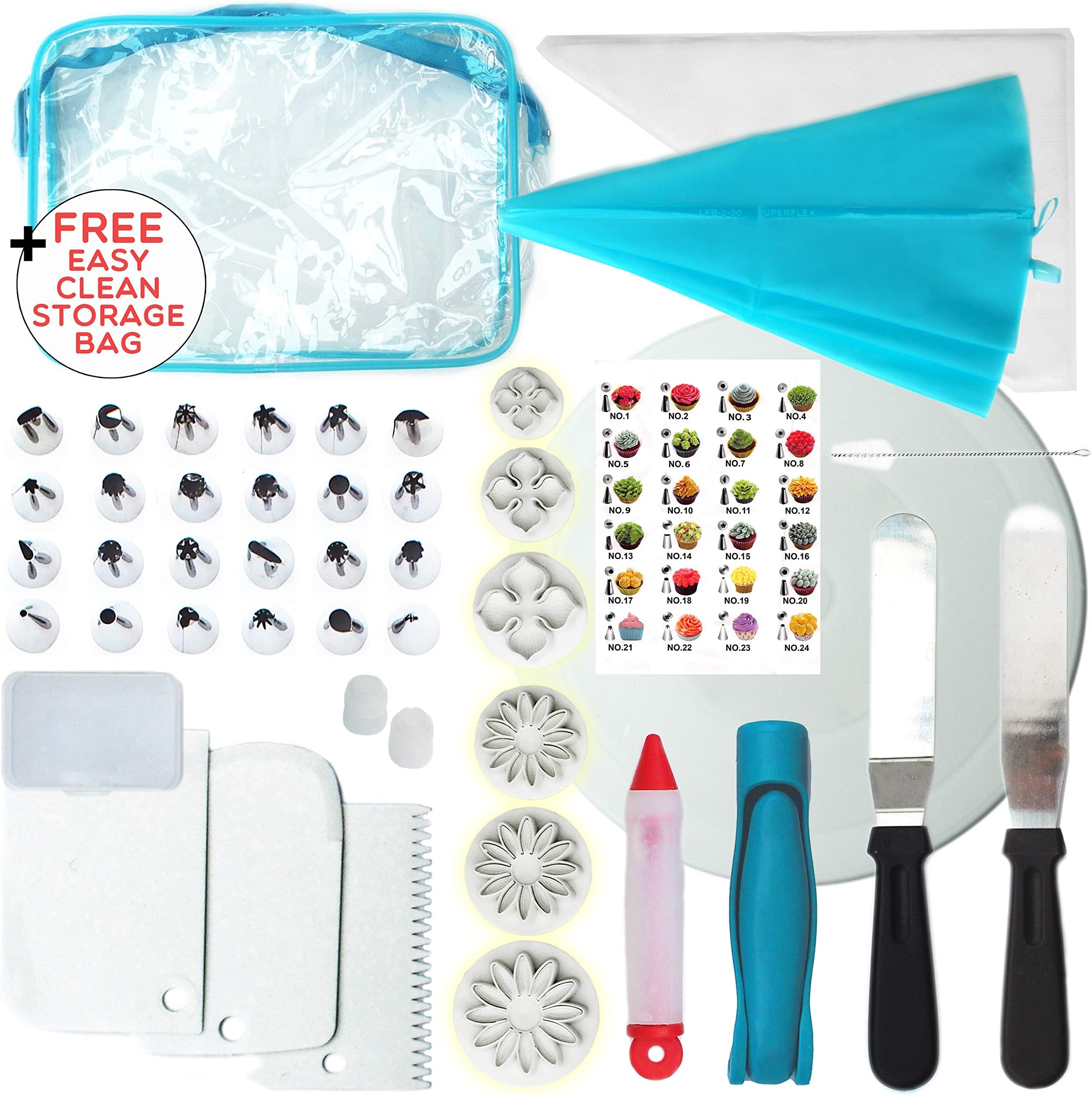 Cake Decorating Supplies and Baking Equipment Kit for Bake Off Cakes, Cupcakes with 24 Piping Tips, Icing Fondant Tools, Easy-Clean Storage Bag, Large Turntable, Flower Sugarcraft Cutters, Piping Pens, Palette Knives, and Much More
