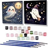 pchmcu 2 Pcs Halloween Paint by Numbers Kits for Kids Framed - Ghosts Adults' Paint-by-Number Kits on Canvas Easy Acrylic Oil Painting by Number for Home Decor Gifts 8x8 inchs