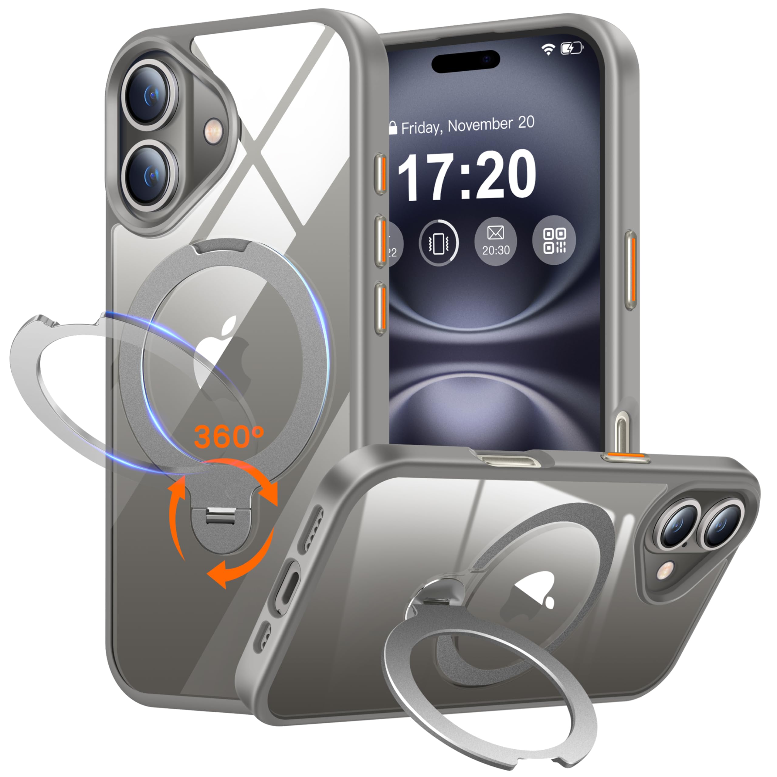 PuyaTeya 360° Rotatable Magnetic Stand for iPhone 16 Case Compatible with Magnetic 16FT Military Drop Protection, Anti-Scratch/Fingerprint Shockproof iPhone 16 Phone Case(Clear-Grey)