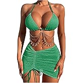 COZYEASE Women's 3 Piece Bikini Set Backless Halter Neck Triangle Chain Swimsuit Set with Beach Skirt