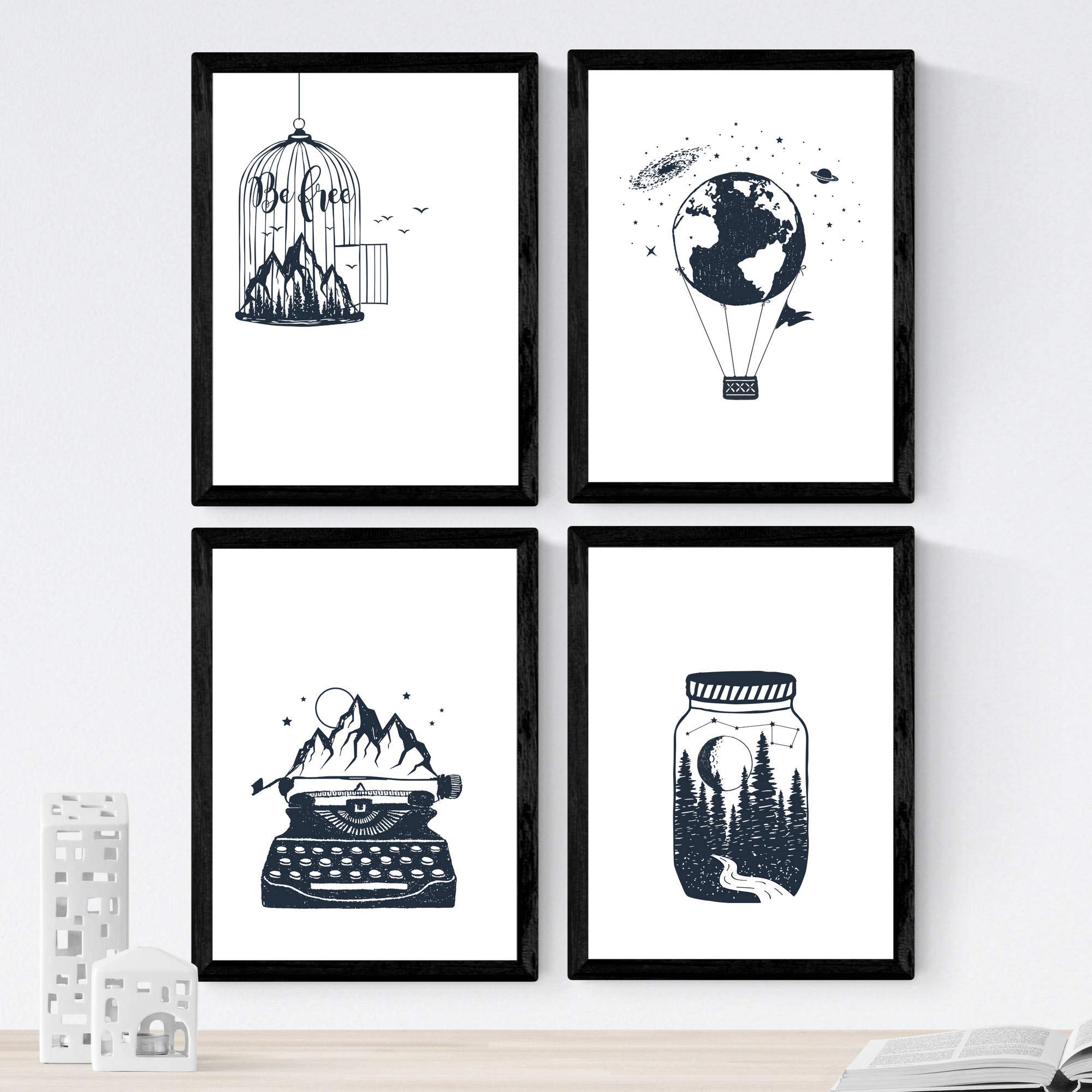 Nacnic Set of 4 prints of Free Forest. Beautiful nature designs in nordic style. Wall decoration for your home, office or shop. A3, frameless.