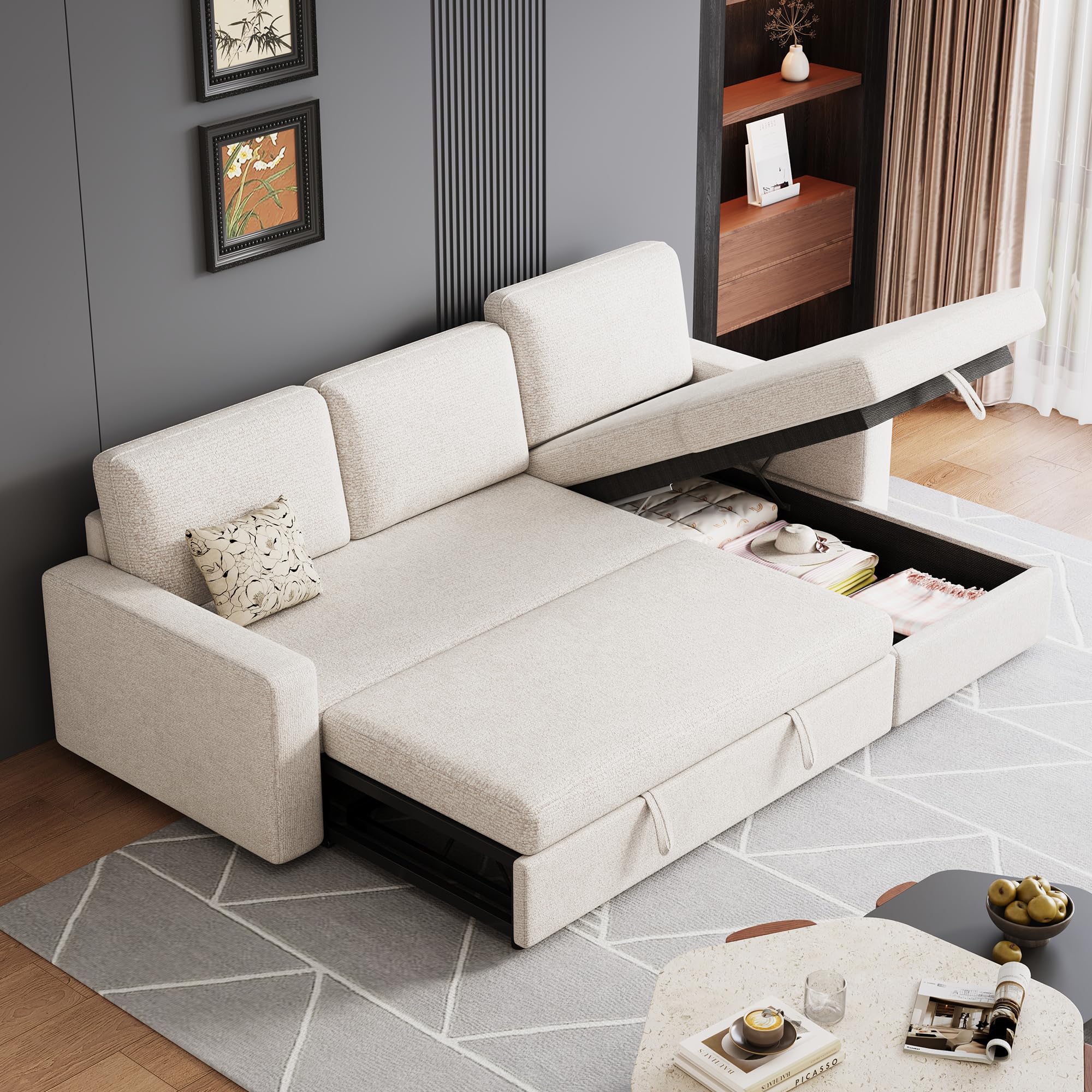 Photo 1 of *Couch pull out only* *Box 2/2 ONLY* FAVSH 81 inch 3-seat Convertible L Shaped Sleeper Sofa, Pull Out Sectional Couch with Storage Chaise & Removable Cushions, Modern Furniture for Small Living Room, Apartment, Loft, Beige