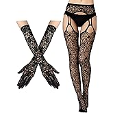 Geyoga 2 Pcs Lace Fishnet Stockings Tights Floral Gloves Black Suspender Pantyhose Long Gloves for Women Halloween Cosplay