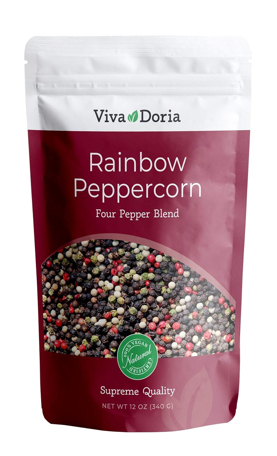 Viva Doria Rainbow Blend Peppercorn, Steam Sterilized Whole Black Pepper, Whole Green Pepper, Whole Pink Pepper, Whole White Pepper, 12 Oz, For Grinder Refill