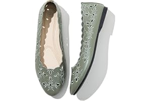 Shupua Women's Comfortable Dress Shoes Ballet Flats Slip On Shoes Black Flats Round Toe PU Leather Flats Summer with Floral Eyelets