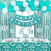 Teal Birthday Decorations for Girls Women, Happy Birthday Decorations for Women Birthday Party Balloons Decor with Foil Backdrop, Tablecloth, Happy Birthday Banner Bday Party Supplies for Her