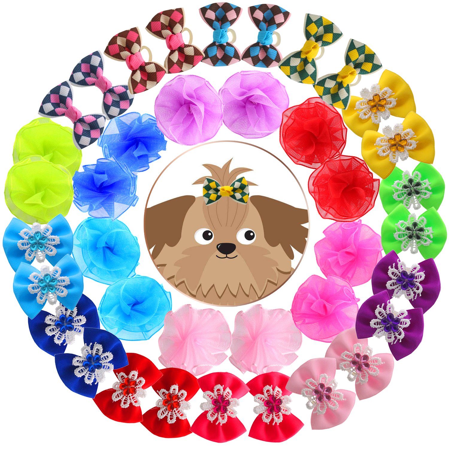 HOLLIHI 40pcs / 20 Pairs Adorable Grosgrain Ribbon Pet Dog Hair Bows with Rubber Bands - Puppy Topknot Cat Kitty Doggy Grooming Hair Accessories Bow knots Headdress Flowers Set for Groomer