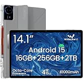 14 Inch Android 15 Tablet, 16GB RAM+256GB ROM, 1920x1200 FHD IPS Display | Widevine L1, 10000mAh Battery, 4G LTE, Wi-Fi &amp; Bluetooth 5.0, Multi-Angle Stand Case &amp; Stylus Pen,6ft Type-C Cable - Gray