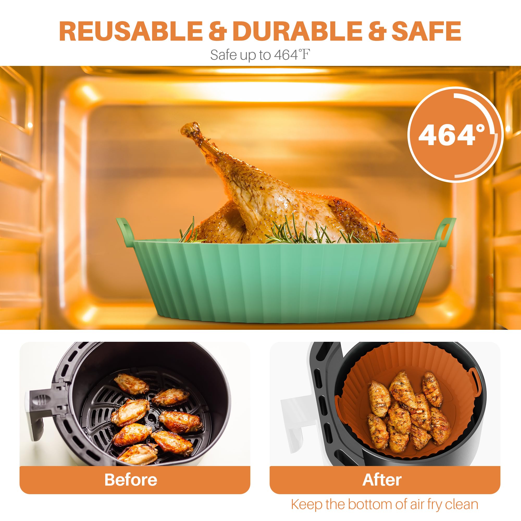 ME.FAN Air Fryer Silicone Liners for 4 to 7 QT [2 Pack] Reusable Air Fryer Basket with Handles & Holes Rose Pink + Light Grey