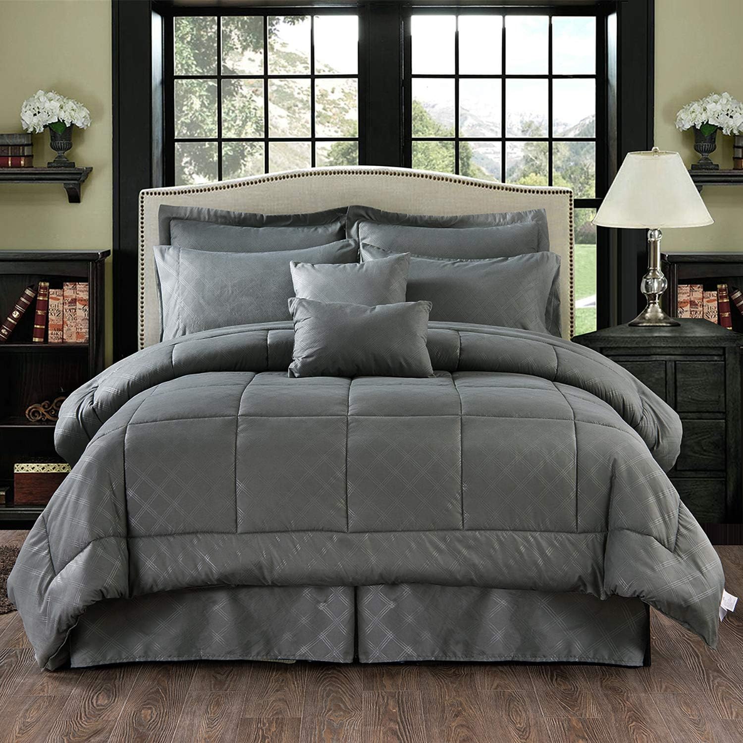 JML Comforter Set, 10 Piece Microfiber Bedding Comforter Sets with Shams - Luxury Solid Color Quilted Embroidered Pattern, Perfect for Any Bed Room or Guest Room (Grey, Cal King): Home & Kitchen