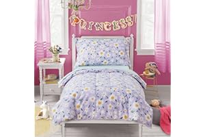 UOZZI BEDDING 4 Pieces White Girls Toddler Bedding Set Purple Floral Style - Includes Adorable Quilted Flower Comforter, Green Plaid Fitted Sheet, Top Sheet, and Pillow Case for Girls Bed