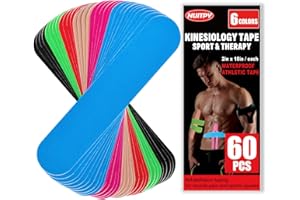 NUITPY 60PCS Precut Kinesiology Tape Strips, 6 Colors 2 inch x 10 inch Cotton Athletic Tape, Kinetic Tape, Elastic Muscle Tape, Sports Tape, Knee Tape for Exercise and Daily Use
