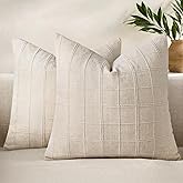 Woaboy Linen Check Throw Pillow Covers Set of 2 - Natural Beige Farmhouse Modern Boho Vintage Decorative Cushion Covers for Sofa Couch Bedroom Living Room Decor 18x18 Inch
