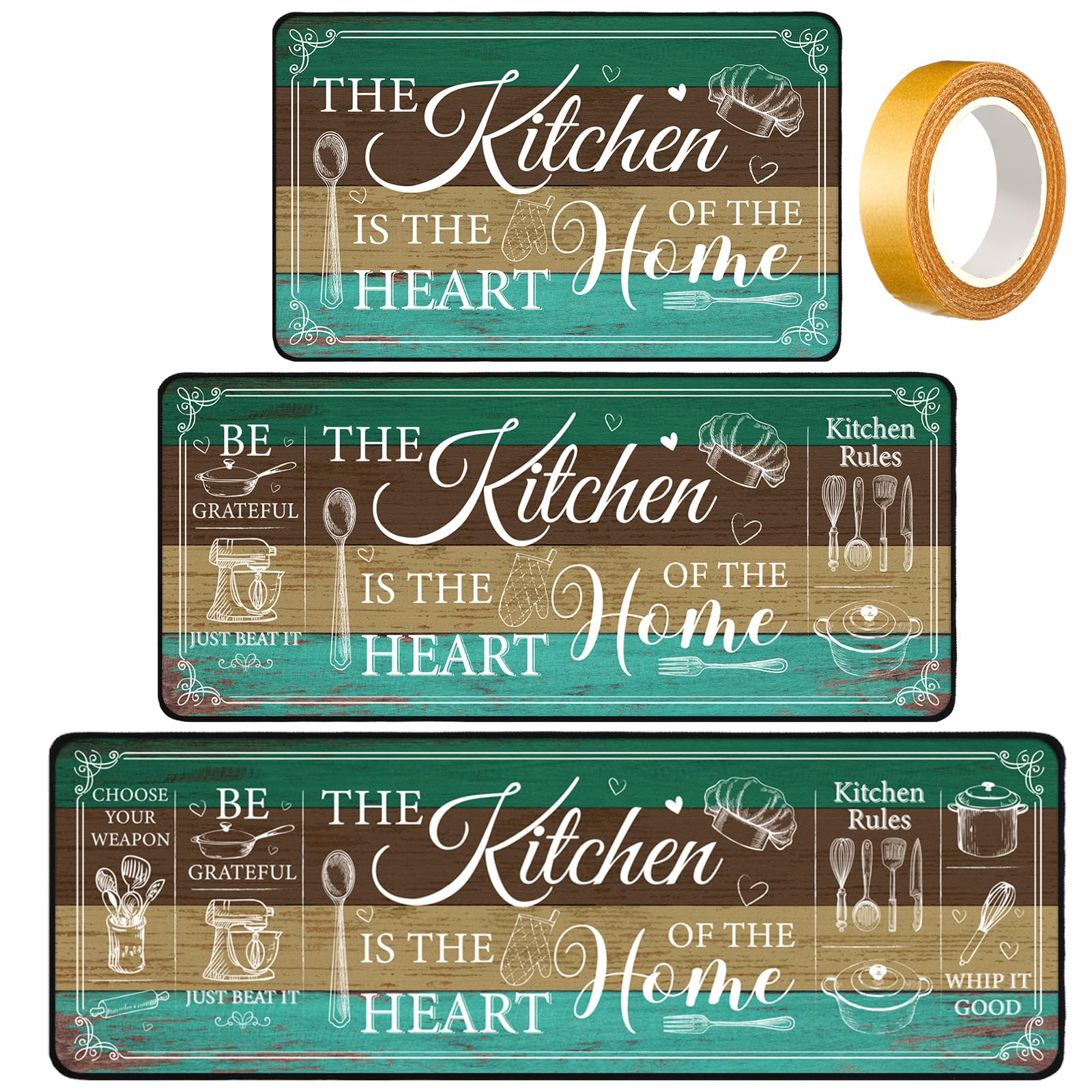 Photo 1 of Bencailor 3 Pieces Kitchen Rugs Set Non Slip Washable Kitchen Mats Farmhouse Welcome Door Mat Floor Rugs Absorbent for Home Laundry Living Room and Hallway,3 Sizes(Green, Brown)