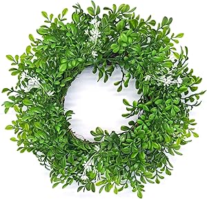 13 inch Boxwood Wreath Round Artificial Wreath Green Leaves Wreath for Door Wall Window Decoration or Candle Ring