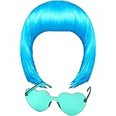 MIAHART Light Blue Short Bob Wig and Sunglass Set, Neon Colored Wigs Colorful Cosplay Daily Party Hairpieces for Bachelorette Neon Party Favors Halloween Decorations Supplies