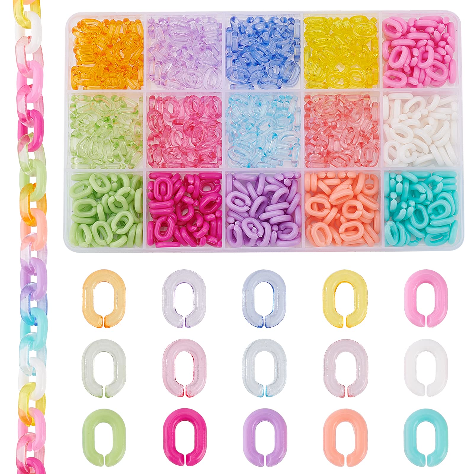 CHGCRAFT 600Pcs 15 Style Transparent Acrylic Linking Rings Oval Quick Link Connectors Opaque Acrylic Link Connectors for Necklace Eyeglass Purse Phone Chain DIY Craft 10x7.5x2.5mm