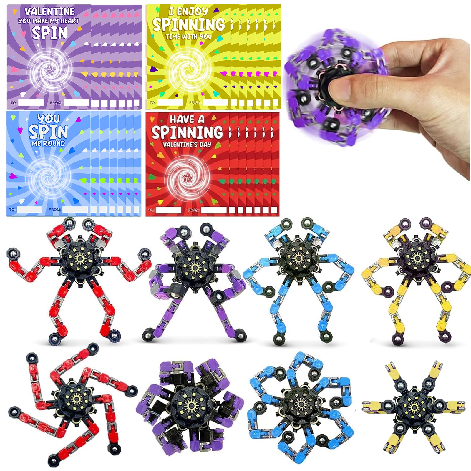 Photo 1 of 24 Set Valentines Day Cards for Kids Classroom,Fingertip Spinner Sensory Toys with Cards,Transformable Chain Robot Fidgets Spinners Toy,Valentines Party Favors Classroom Exchange,School Games Prize