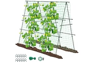 ESBAYBULBS Cucumber Trellis for Climbing Plants Outdoor, 63”x 63” Foldable A-Frame Garden Trellis for Raised Bed with Climbing Net and Plant Support Clip for Vegetable Grape Tomato
