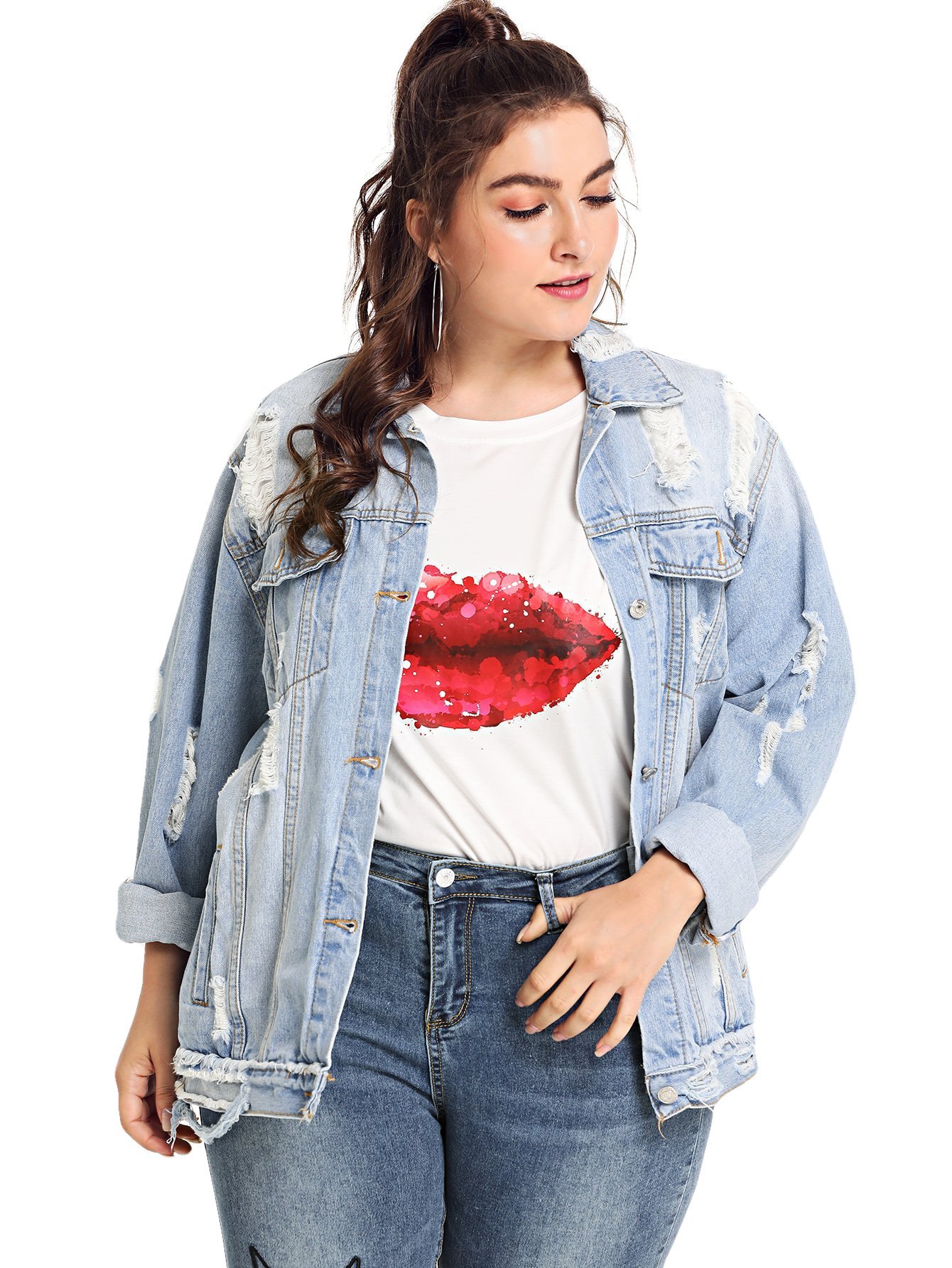 plus size distressed long jean jacket