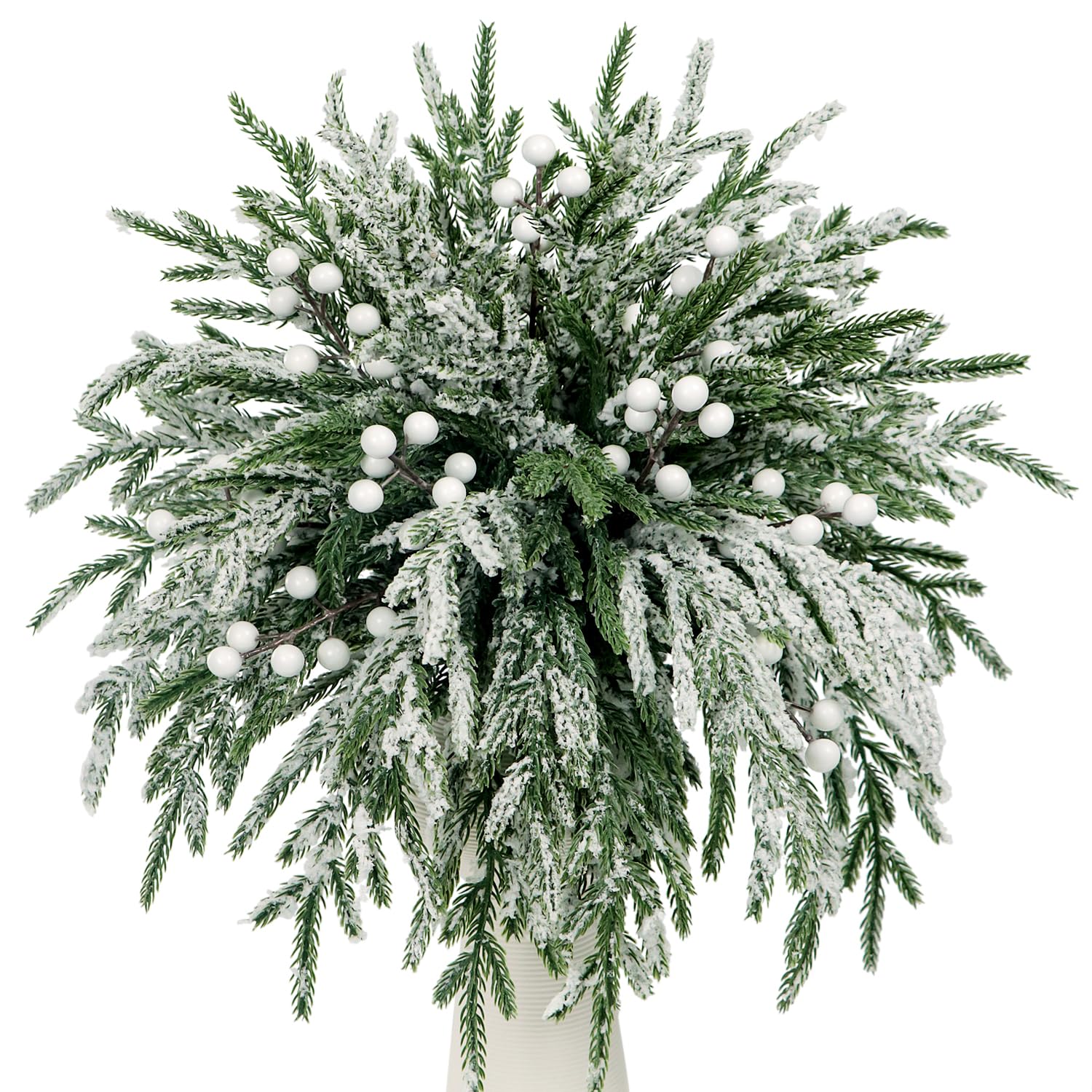 20 Pcs Artificial Snowy Norfolk Pine Branches with 10 Berry Stems,15" Real Touch Fake Norfolk Pine Stems Frosted Greenery Foliage Sprigs for Christmas Wreath DIY Vase Filler Home Decoration (White)