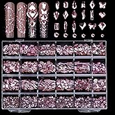 AMLAVIFISH Light Pink Nail Rhinestones, 5380Pcs Flatback Glass Charms Gems Stones, 24 Grids 19 Types of Shaped Nail Art Rhinestones Kit with Tweezers, 6 Sizes for Decoration Face