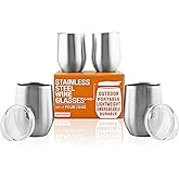 BROVINO Stainless Steel Wine Glasses with Lid (Set of 4) - 12 oz Double Walled Insulated Outdoor Wine Tumblers - 100% Unbreakable & Stemless - Drinkware Set for: Wine, Coffee, Water