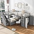 Harper & Bright Designs L-Shape Triple Bunk Beds with Stairs, Desk,Wardrobe, Wood Twin-Over-Full Bunk Bed with Storage, Shelves and Drawers, 3 Beds Bunk Bed with Staircase for Kids Teens, Gray