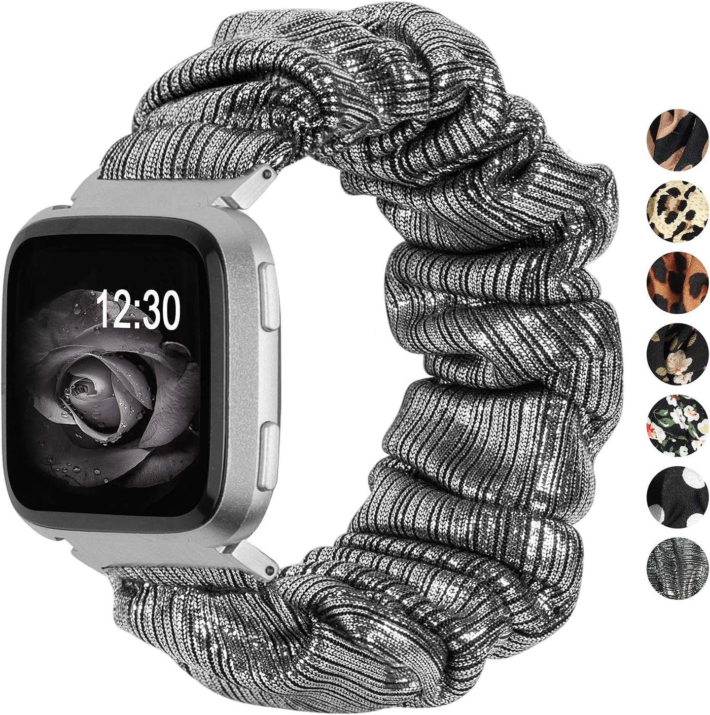 Scrunchie Bands Compatible with Fitbit Versa/Versa 2/Versa Lite Special Edition Women Elastic Fabric Strap Pattern Replacement Bracelet Wristband Accessories (Shiny Silver, Small)