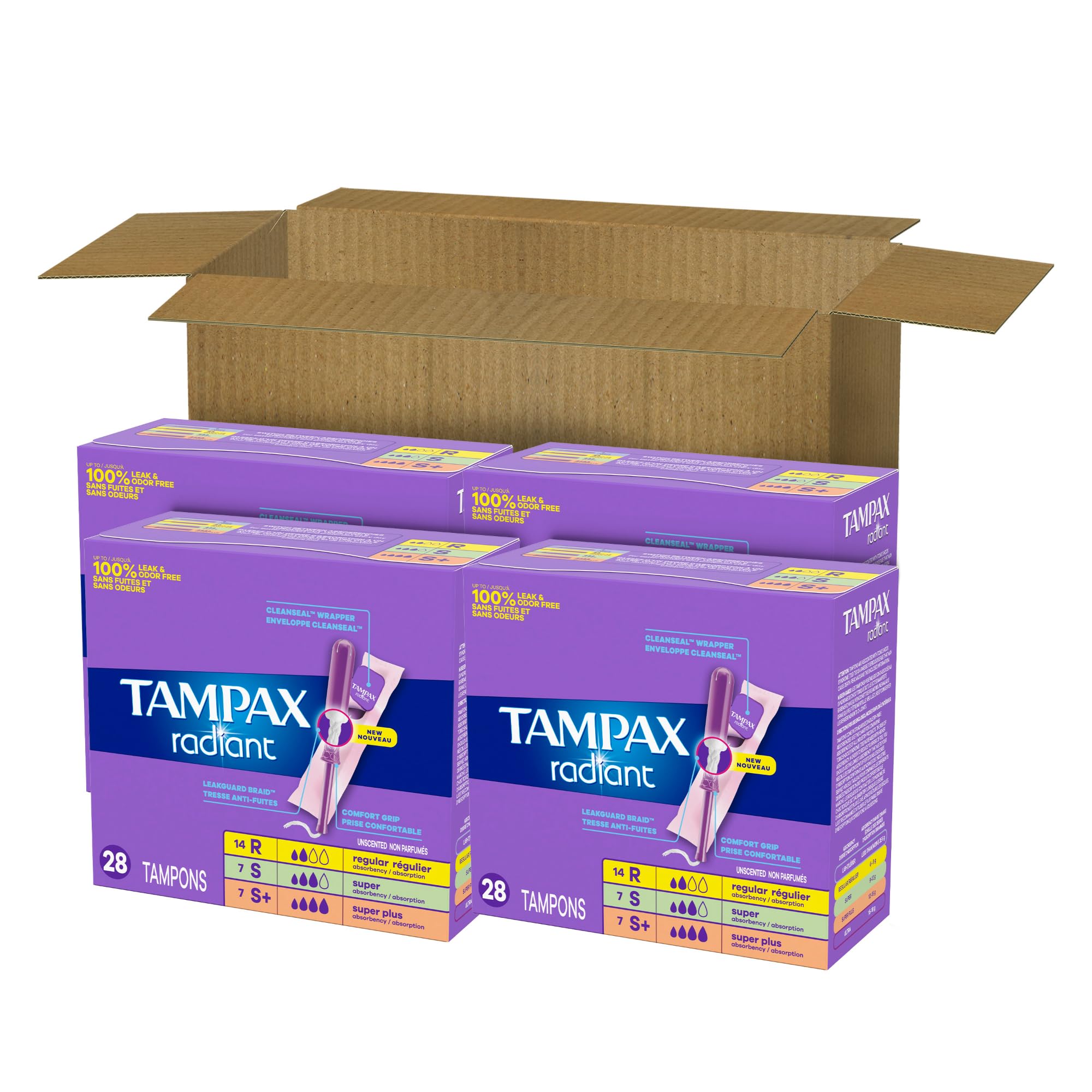 Tampax Radiant Tampons for Women Multipack, with LeakGuard Braid, Regular/Super/Super Plus Absorbency, Unscented, 112 Count (4 Packs of 28)
