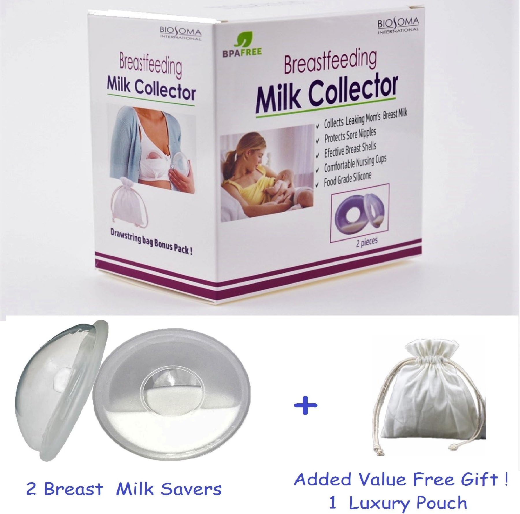 BIOSOMA Breastfeeding Milk Collector. Breast Shells, Breastmilk Collector, Protect Sore Nipples for Breastfeeding, Comfortable Nursing Cups, Safe 100% Food Grade Silicone, 2 Pieces + Stringbag Bonus!