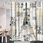 TPMDFC Paris Eiffel Tower Shower Curtain, 72x72inch, Polyester | Retro Old Newspaper Design, Paris Cityscape Bathroom Curtains, Bathtub Decor Set, Includes 12 Hooks