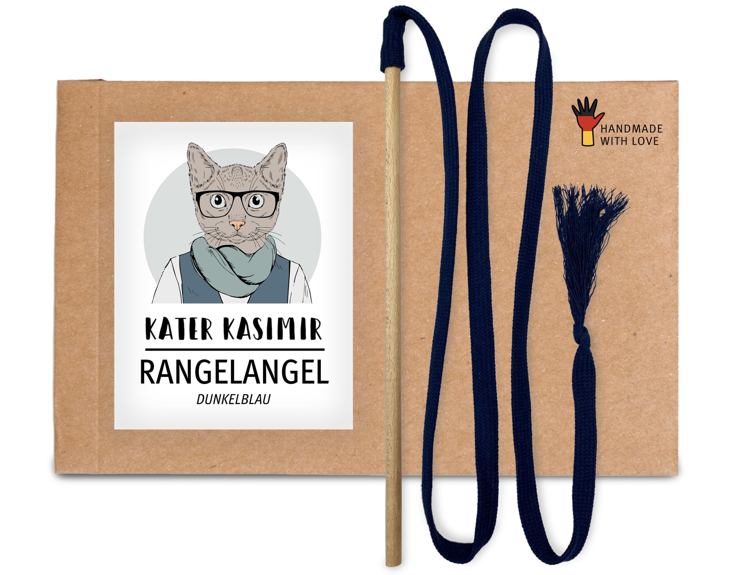 The RANGELANGEL: Our cat fishing rod with beech wood rod and dark blue cotton ribbon. Handmade and lovingly made in Germany sustainable cat toy