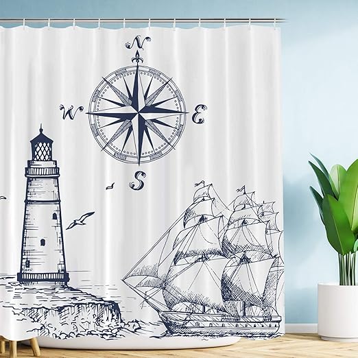 Amazon Com Vimmucir Sail Boat Nautical Shower Curtain Lighthouse And Compass Navy Blue Print Bathroom Decor Waterproof Fabric Curtains For Bathroom Stalls And Bathtubs 72 W X 72 H Home Kitchen