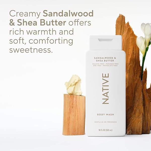 NATIVE BODY WASH CONTAINS NATURALLY DERIVED INGREDIENTS | FOR WOMEN & MEN, SULFATE, PARABEN, & DYE FREE LEAVING SKIN SOFT AND HYDRATED | SANDALWOOD & SHEA BUTTER 18 OZ